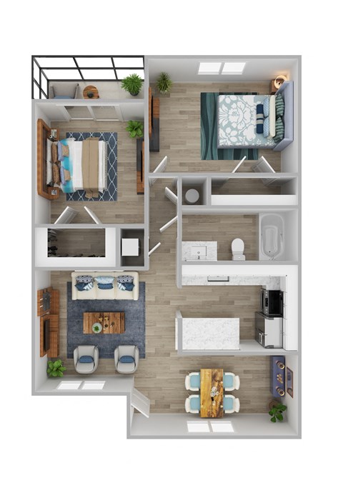 a 3d rendering of the 1 bedroom floor plan with roommates and furnishings